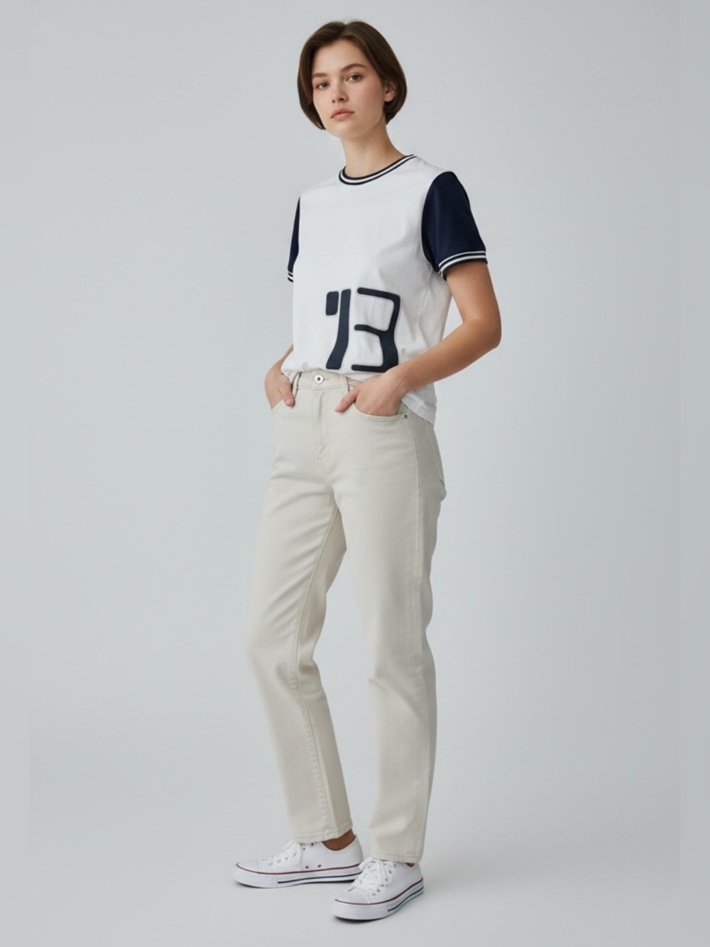 Acne White Tee with Navy Sleeves and Graphic
